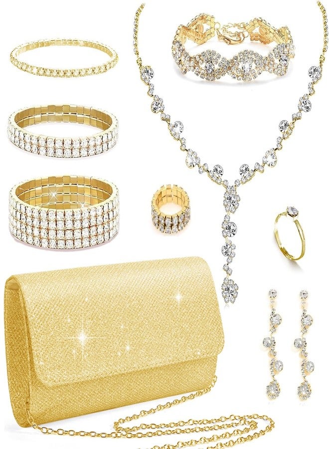 stablerice 9 Pcs Rhinestone Jewelry Sets for Women Rhinestone Purses for Women Clutch Purse Necklace Earrings Bracelet Jewelry Sets for Wedding Formal Bridal Bridesmaid Gifts (Beautiful Style, 9) - Image 1